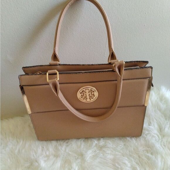 Tan Shoulder Bag with Structured Design and Top Handles - Picture 1 of 7